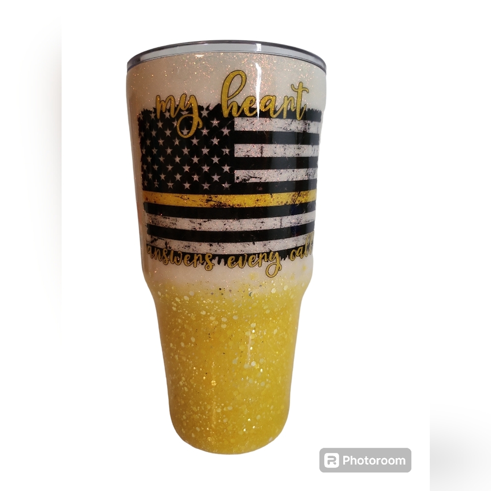 My Heart Answers Every Call Yellow Line Dispatcher First Responder Flag Tumbler